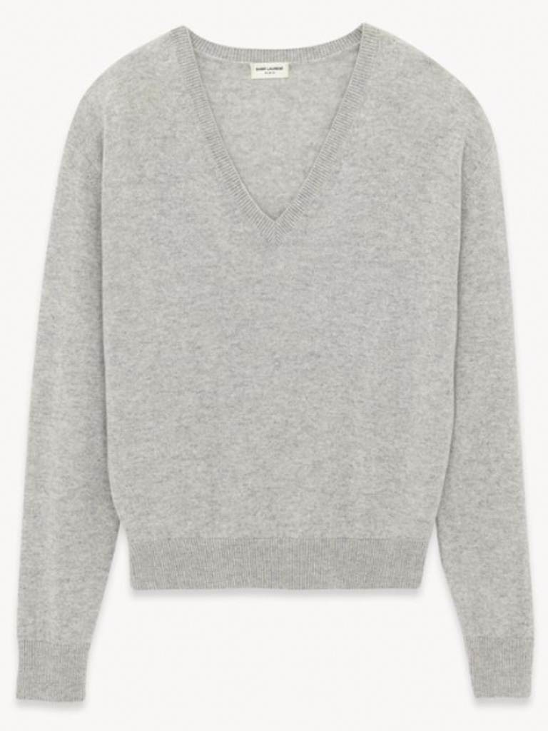 Saint Laurent Ysl Gris Chine Gray Cashmere V Neck Long Sleeve Knit Sweater